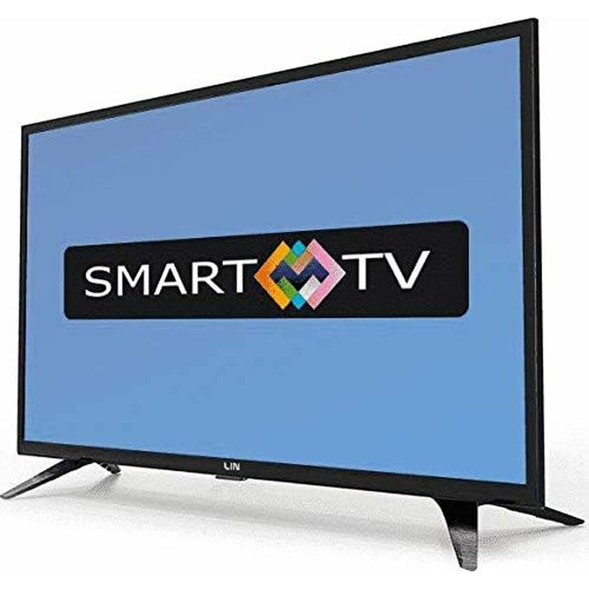 Czarny telewizor Smart TV z płaskim ekranem. Ma niebieski ekran ze słowami SMART TV.