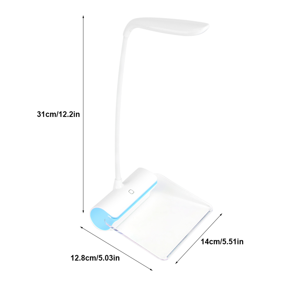 Weiße Schreibtischlampe mit verstellbarem Arm, auf weißem Hintergrund, mit Abmessungen.