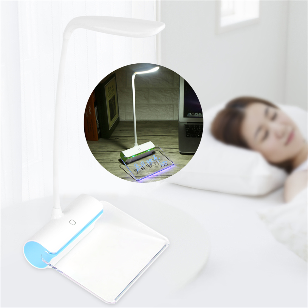 Schreibtischlampe mit flexiblem Hals, beleuchtet Schreibtafel und schlafende Frau.