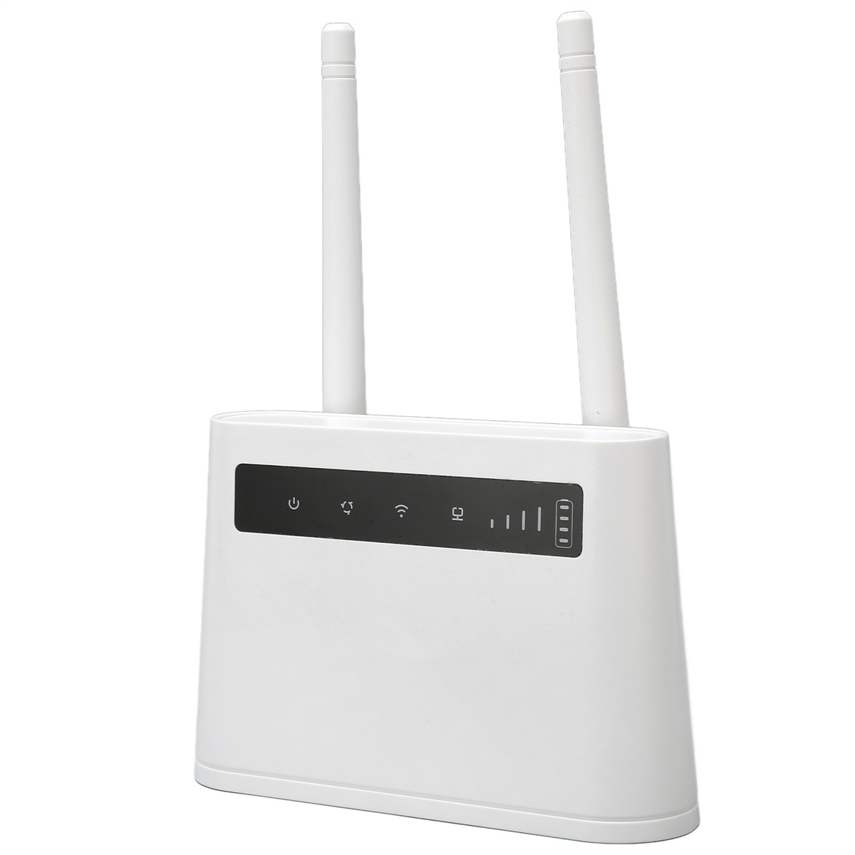 Weißer Router mit zwei Antennen und Status-LEDs auf weißem Hintergrund.