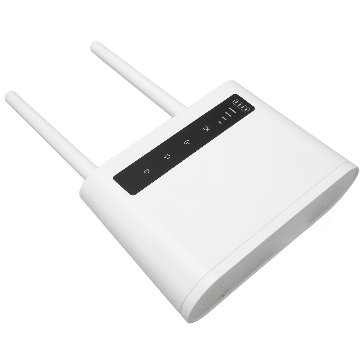 Weißer WLAN-Router mit zwei Antennen. Schwarzes Bedienfeld mit Anzeigen. Schräge Ansicht.