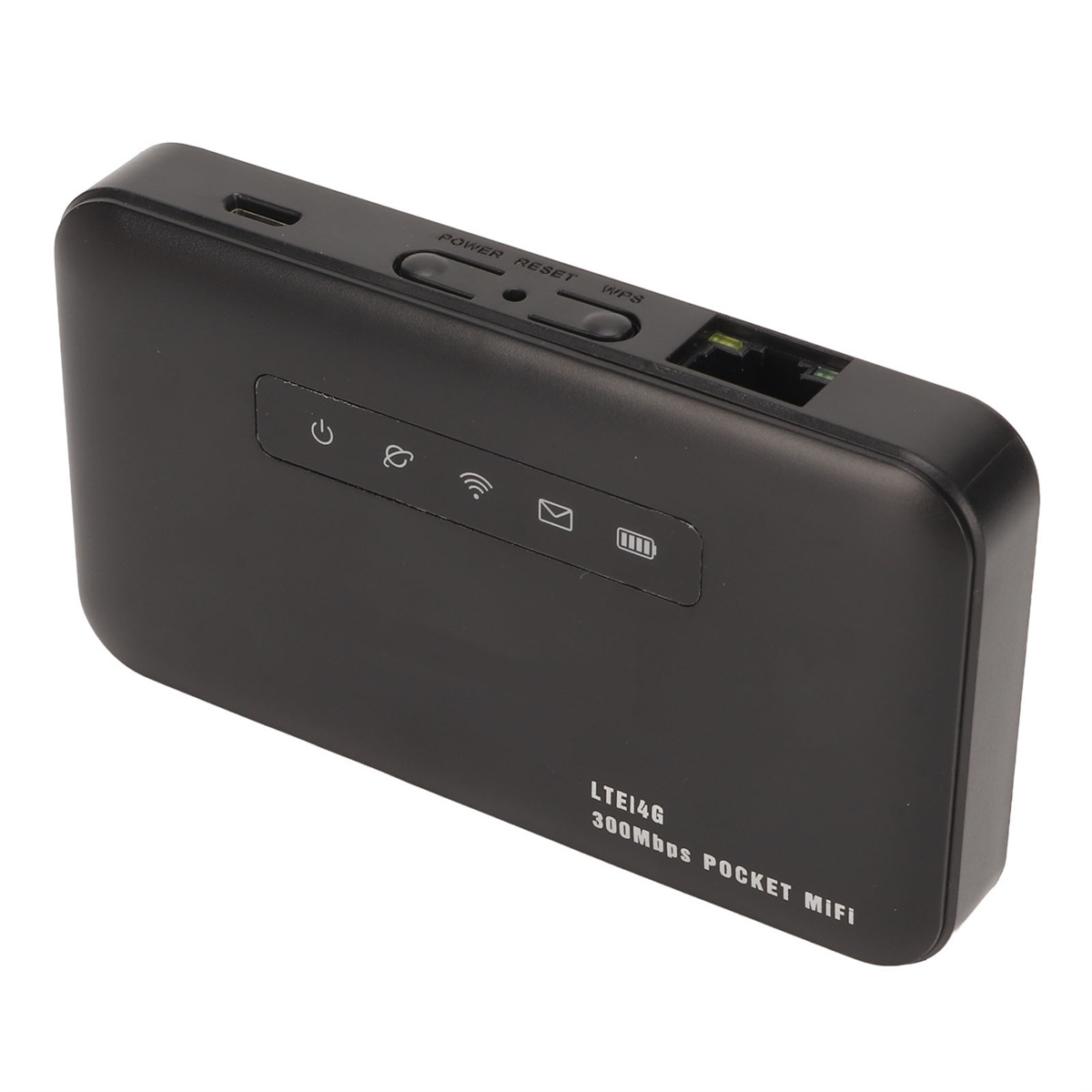 Schwarzer WLAN-Router im Taschenformat mit sichtbaren Tasten und Anschlüssen, LTEI4G-Etikett.