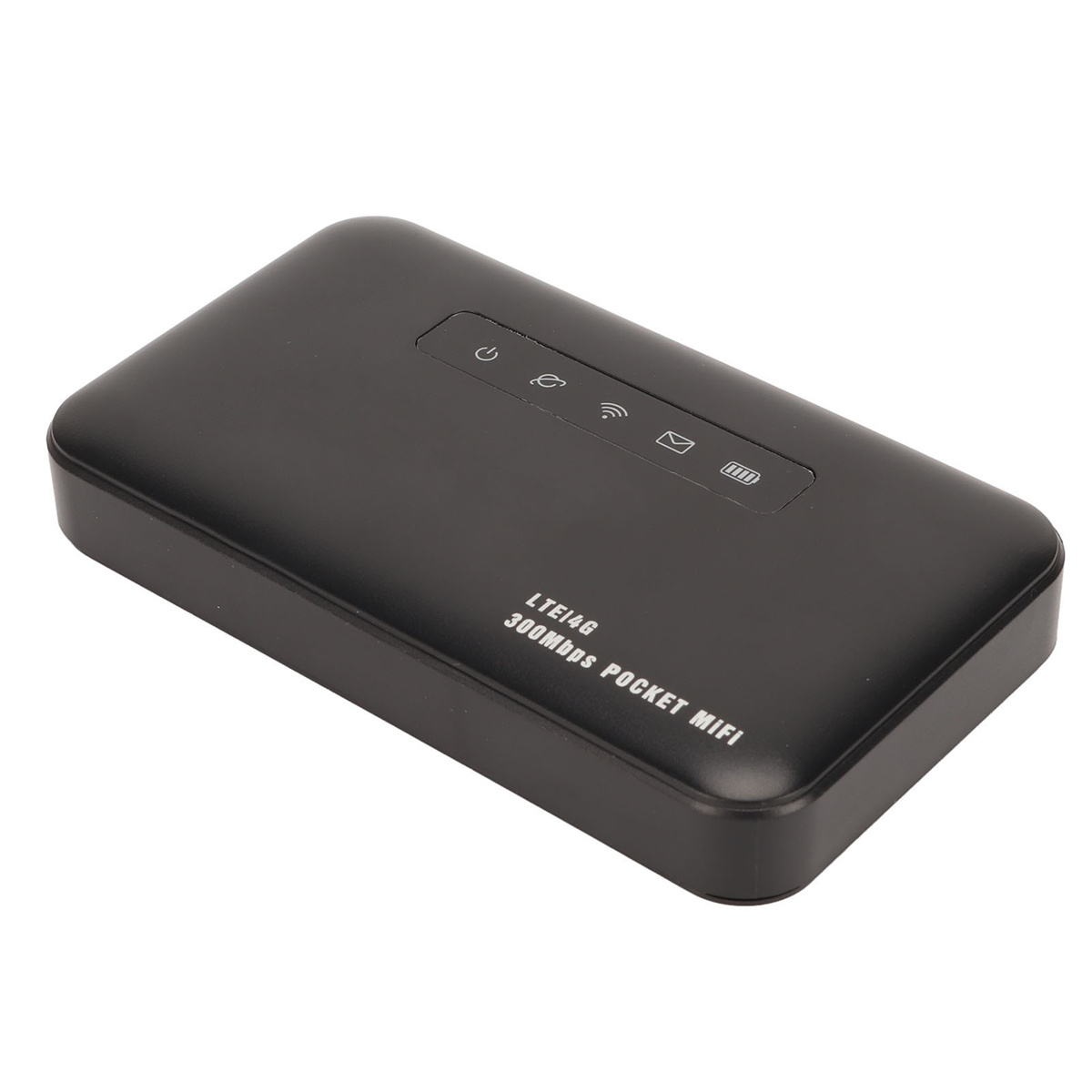 Schwarzes Pocket-WLAN-Gerät mit Tasten und Text: LTE146, 300Mbps POCKET WIFI. Weißer Hintergrund.