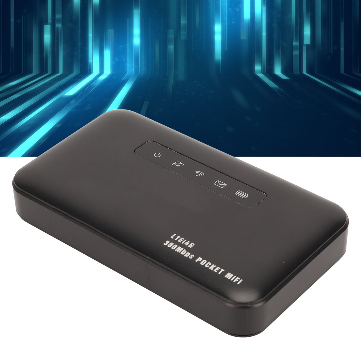 Schwarzes Pocket-WLAN-Gerät mit Bildschirm und Symbolen. Blauer futuristischer Hintergrund.