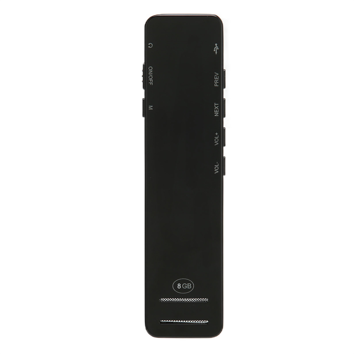 Schwarzes Audiorekorder mit Tasten für Ein/Aus, Lautstärke und Navigation, mit 8 GB Kapazität.