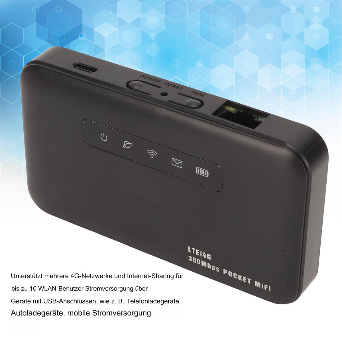 Schwarzer tragbarer WLAN-Router. Es hat Knöpfe und Anschlüsse. Text darauf.