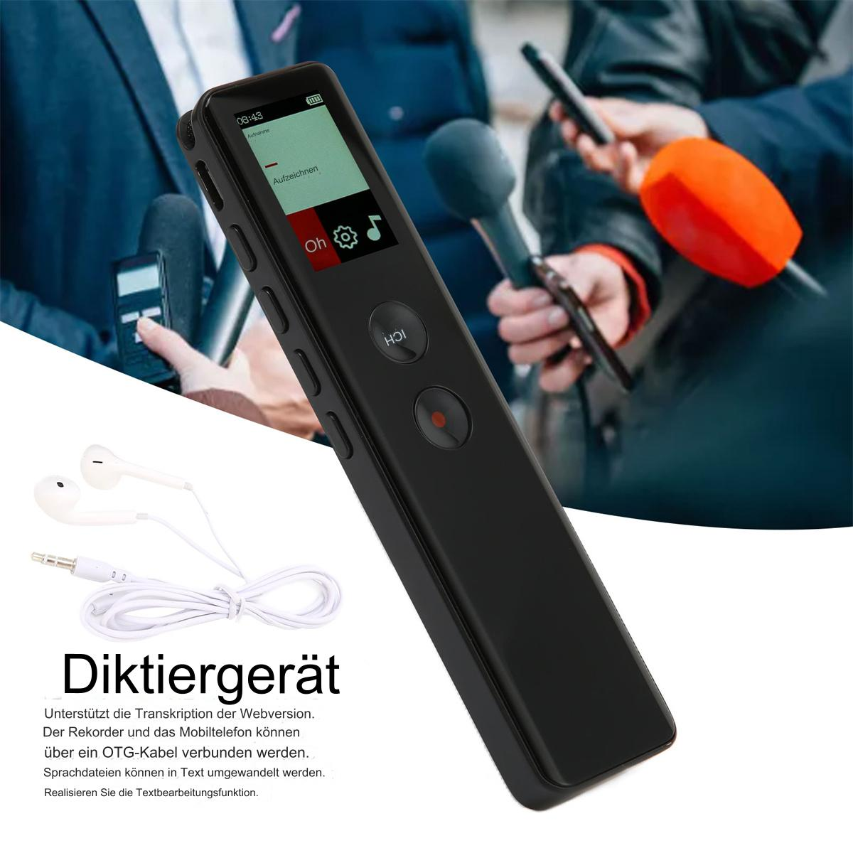 Schwarzes Aufnahmegerät mit Display und Kopfhörerkabel. Im Hintergrund halten zwei Personen Mikrofone.