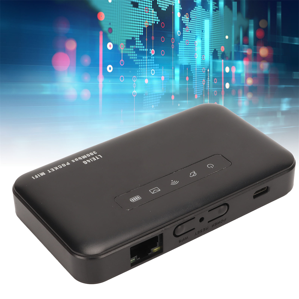 Schwarzes Pocket-WLAN-Gerät mit Tasten und Anschlüssen.