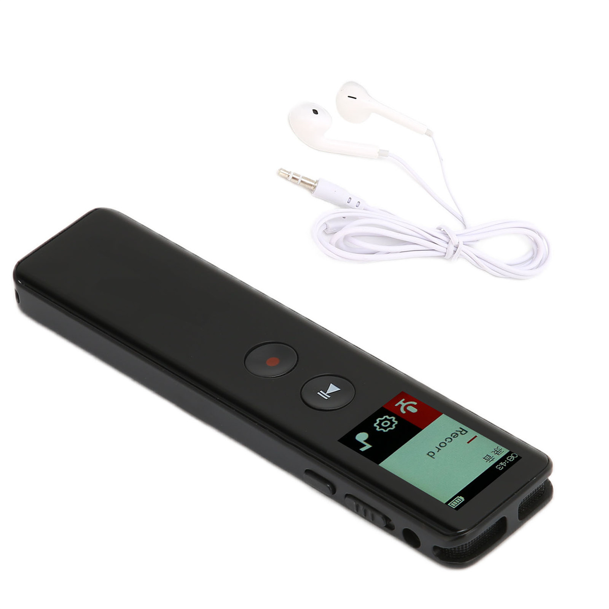 Schwarzer Recorder mit Bildschirm und weißen Ohrhörern. Der Rekorder hat eine Play-Taste.