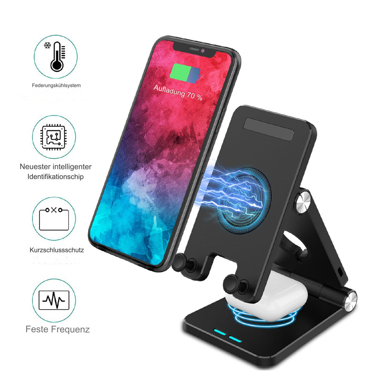 Schwarzes kabelloses Ladegerät mit Handy und Ohrhörern. Handy lädt, Ständer.