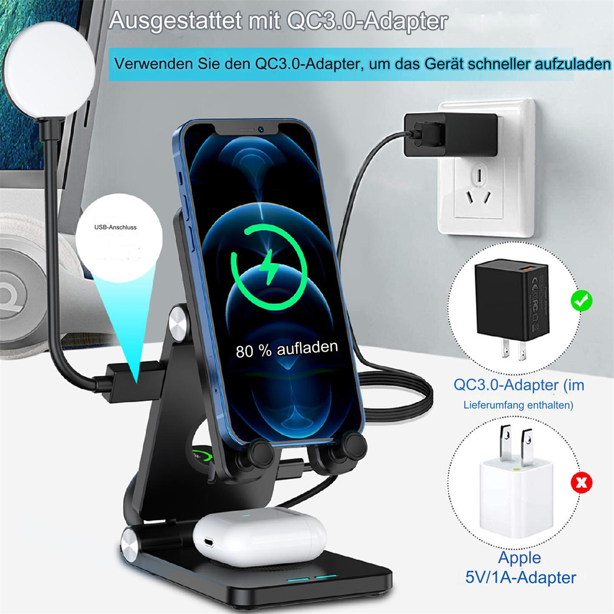 Eine Telefonladestation mit einem Telefon, das 80% Ladung anzeigt. Ein Ladeadapter ist eingesteckt und ein weißes Ladegerät trägt die Aufschrift Apple.
