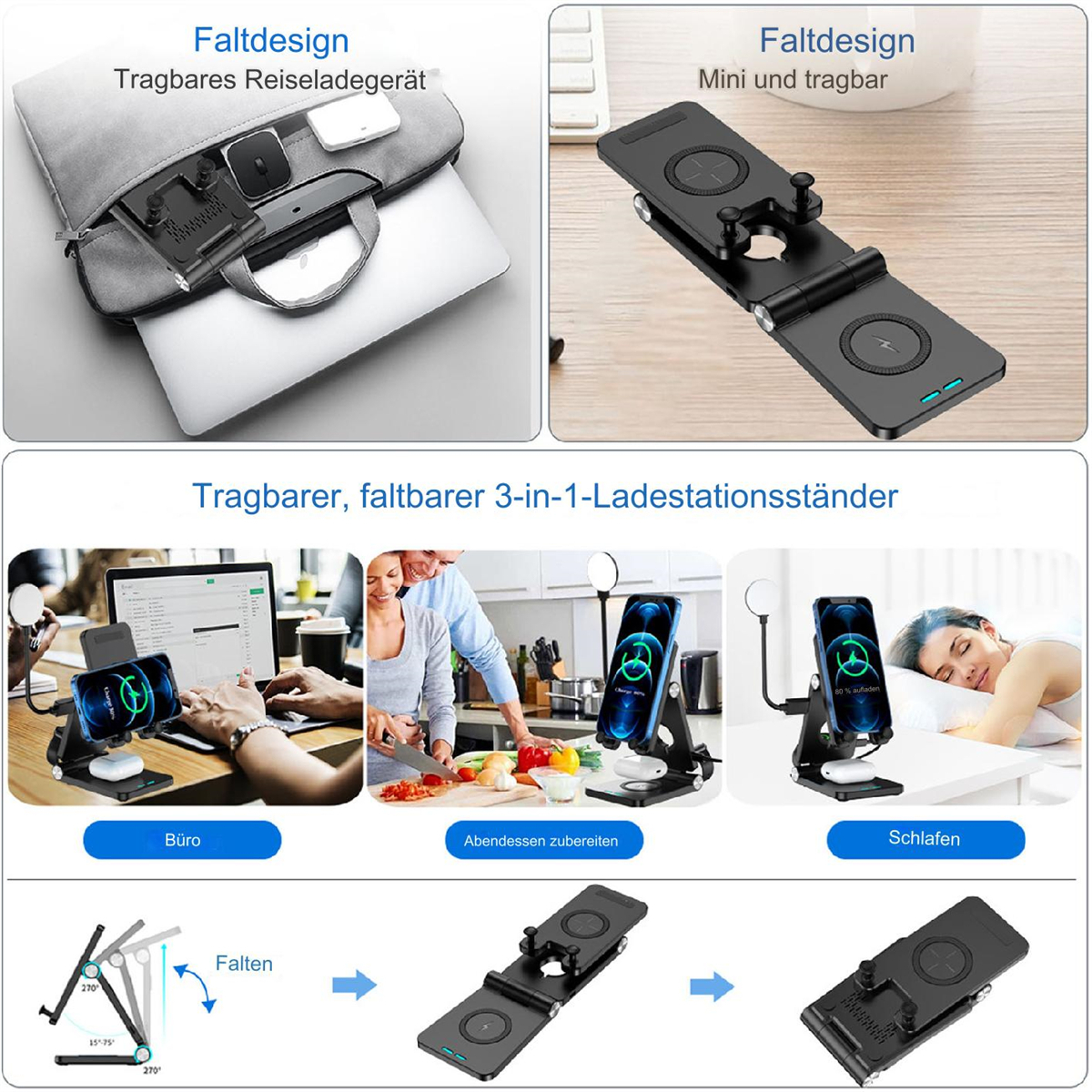 Tragbare 3-in-1 Ladestation. Mehrere Bilder zeigen gefaltete und entfaltete Zustände.