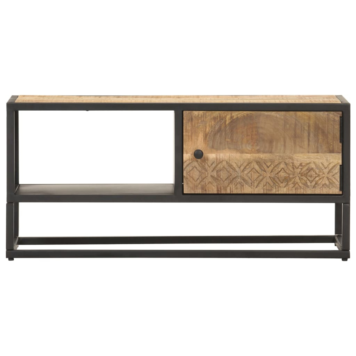 Ein TV-Ständer aus Holz mit schwarzem Metallrahmen, mit offenem Regal und einer Tür mit geschnitztem Muster.