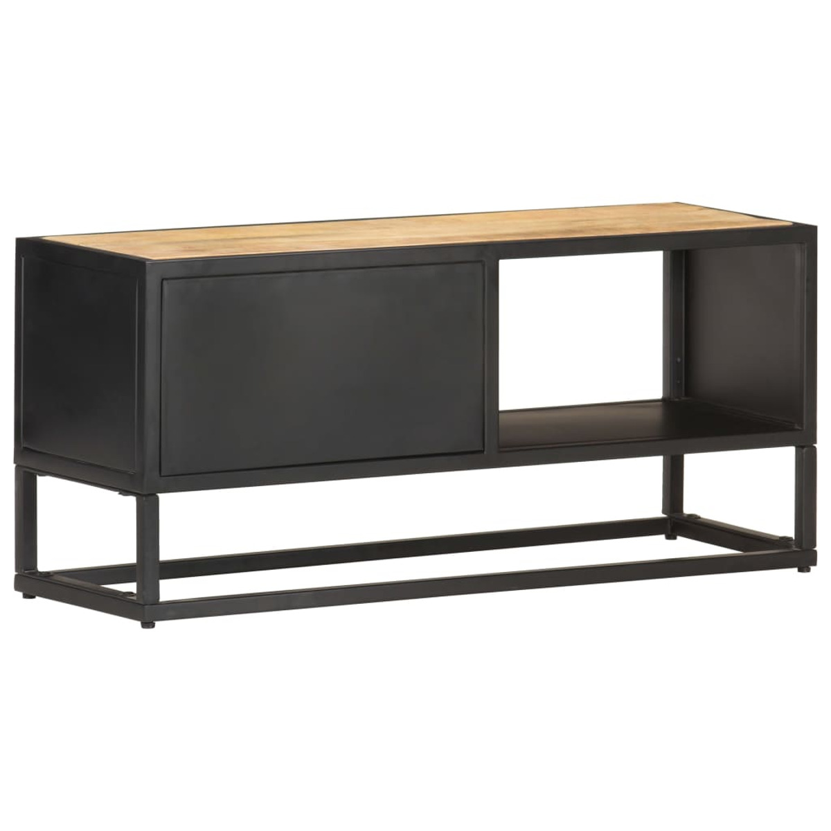 Schwarzer und brauner Holzschrank mit Metallrahmen. Er hat eine Tür und ein offenes Regal.
