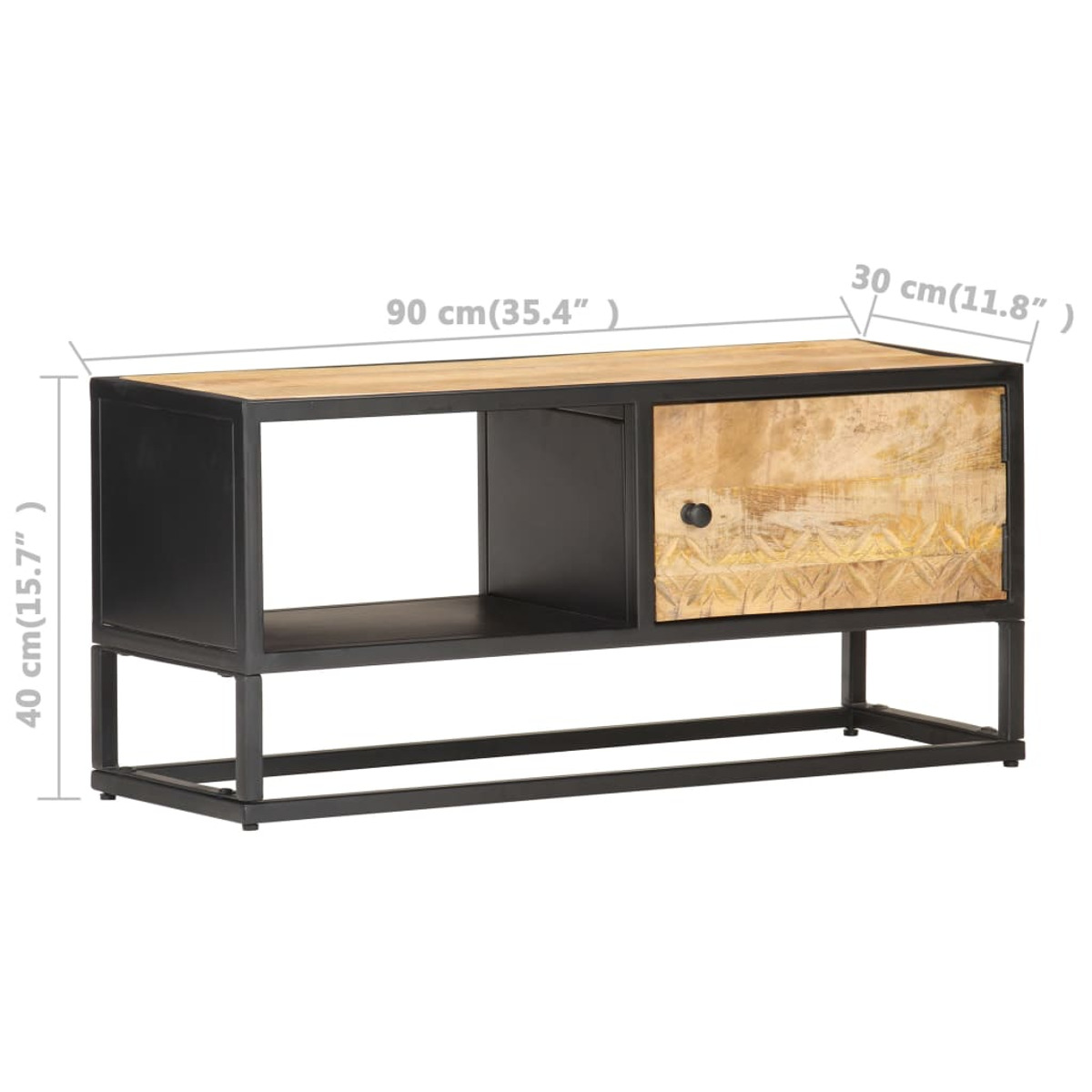 Ein Holzschrank mit schwarzem Metallrahmen. Abmessungen in cm angegeben.