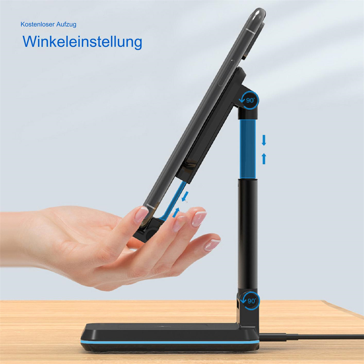 Eine Hand hält ein Telefon auf einem Telefonständer. Text zur Winkeleinstellung ist sichtbar.