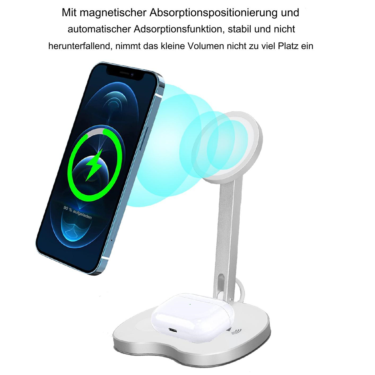 Eine kabellose Ladestation mit Telefon und Ohrhörern. Das Telefon wird geladen.