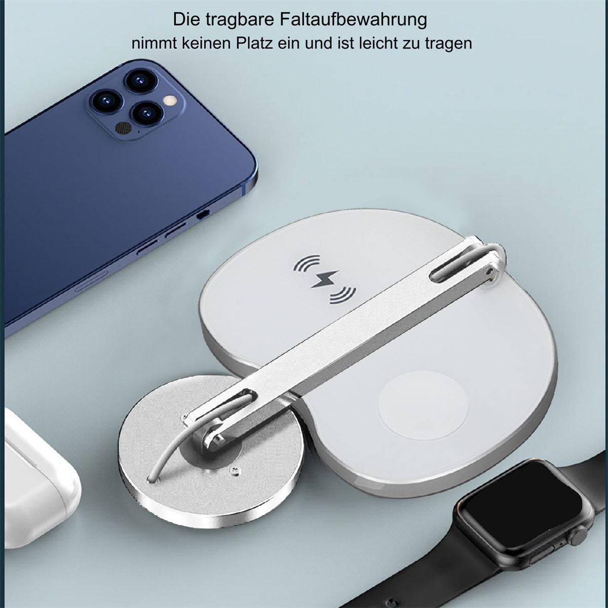 Kabellose Ladestation mit Telefon, Uhr und Ohrhörern. Text: 'Die tragbare Faltaufbewahrung nimmt keinen Platz ein und ist leicht zu tragen'.