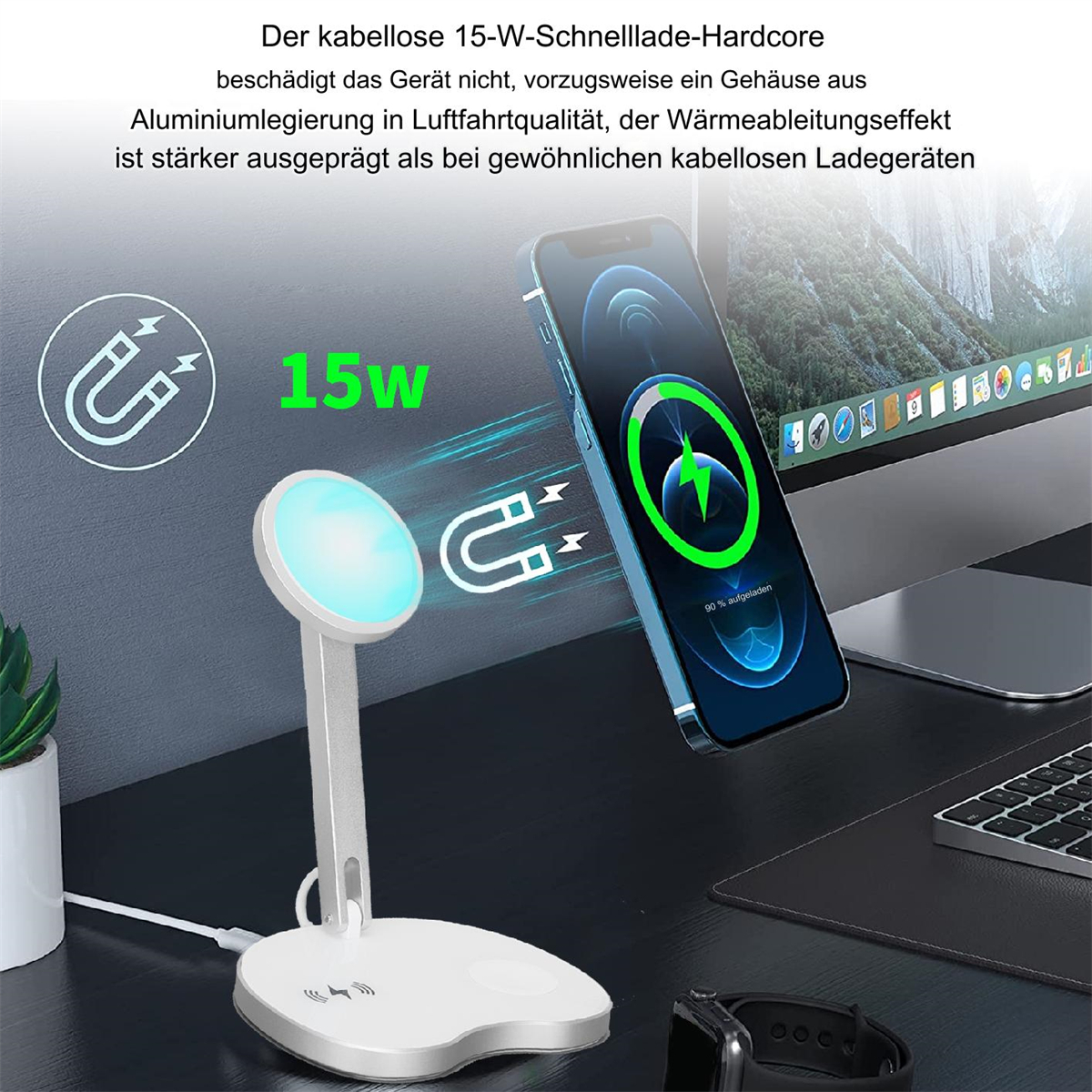 Kabelloses Ladegerät mit Telefon und Uhr auf dem Schreibtisch. Das Ladegerät leuchtet, hat 15 W und zeigt das Laden an.