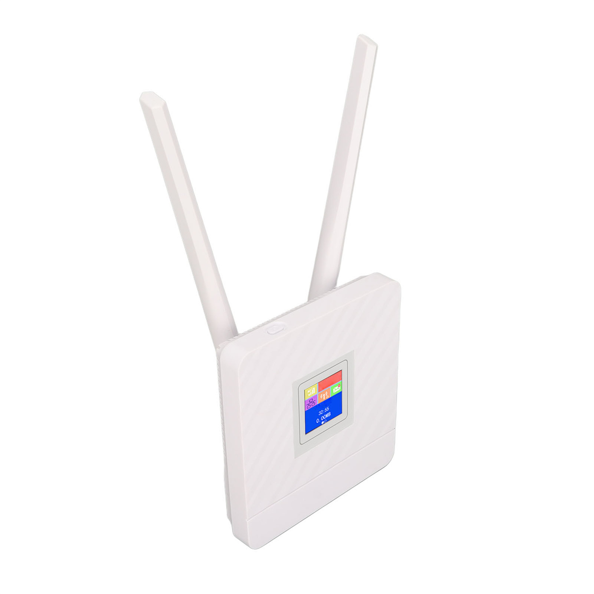 Weißer Router mit zwei Antennen und einem kleinen Bildschirm mit Symbolen.