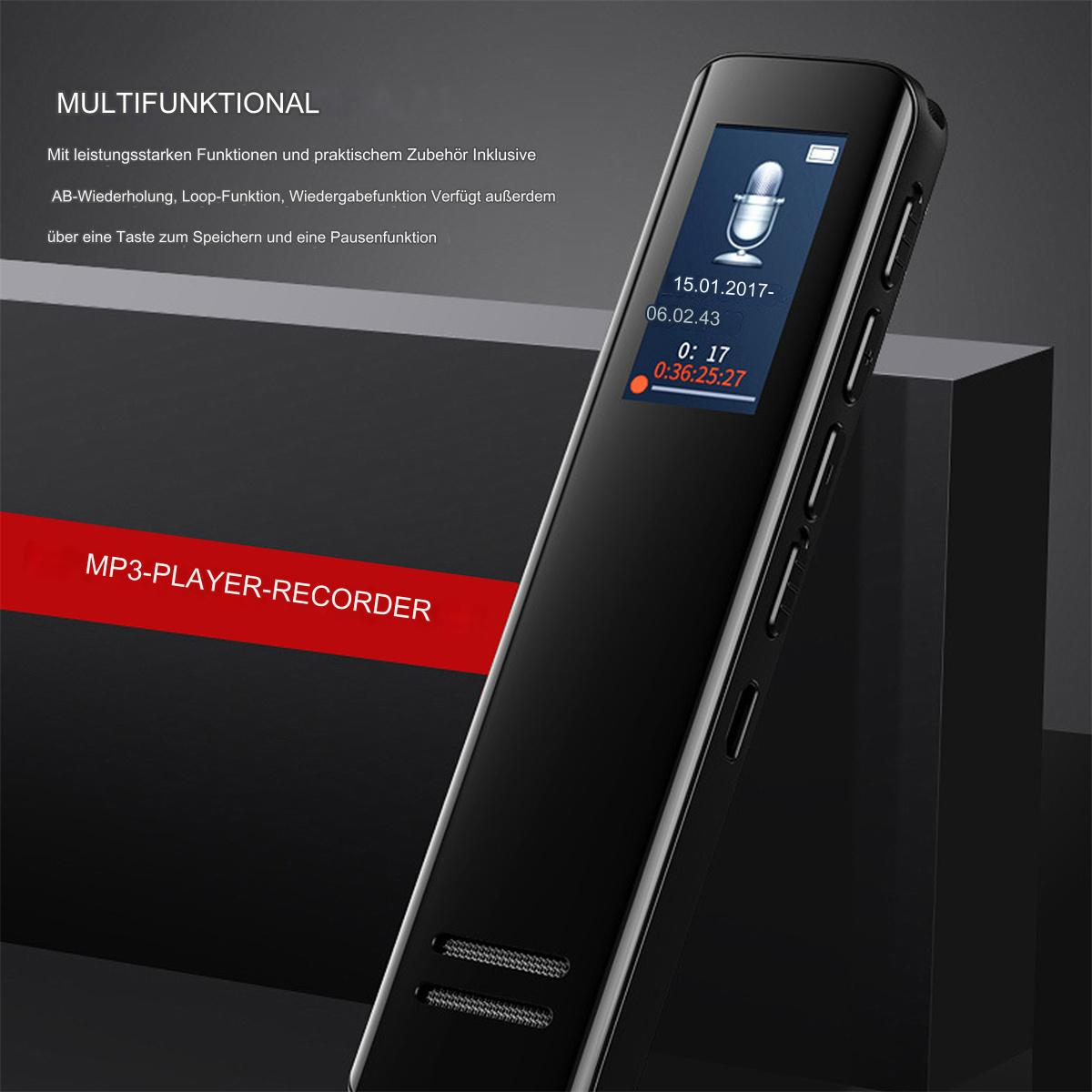 Schwarzer MP3-Player-Rekorder mit Bildschirm, der Zeit und ein Mikrofonsymbol anzeigt, auf schwarzer Oberfläche.