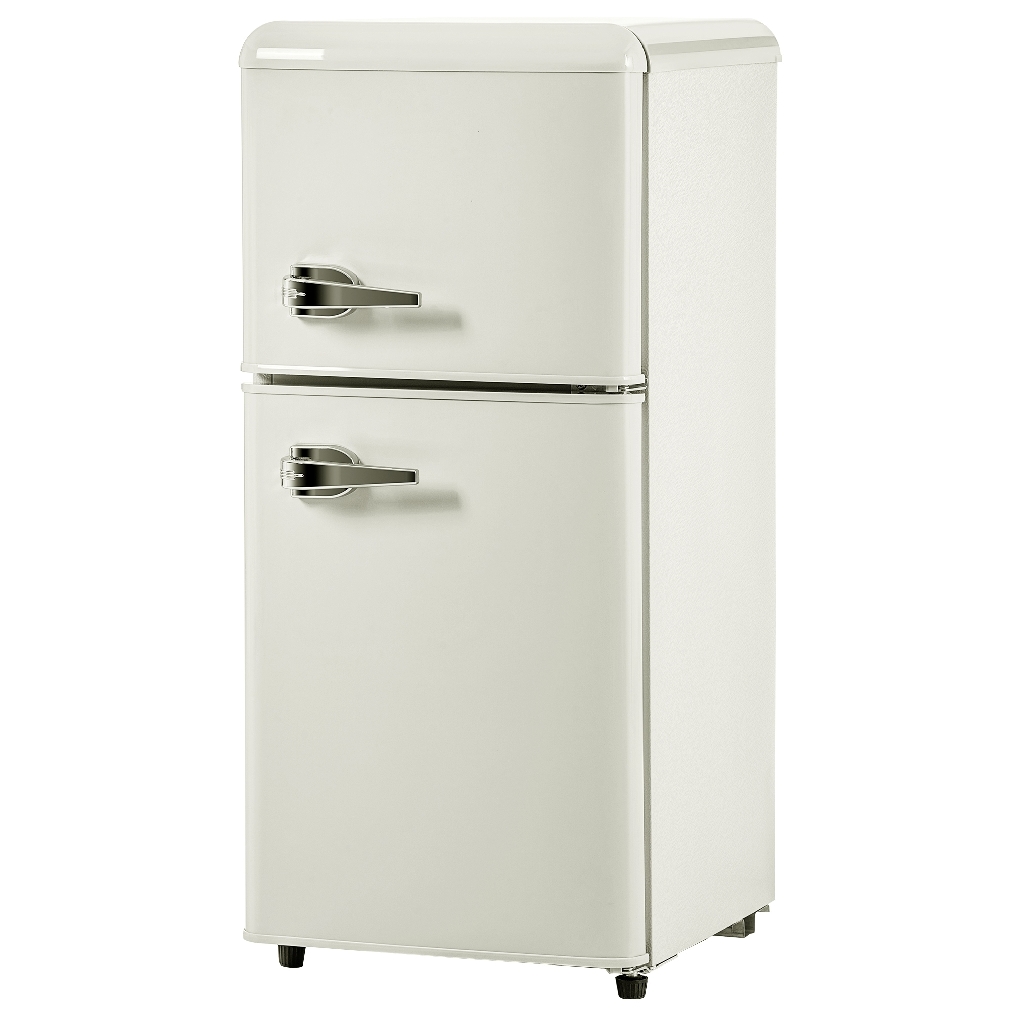 Cremefarbener Retro-Kühlschrank mit Gefrierfach oben. Er hat silberne Griffe und schwarze Füße.