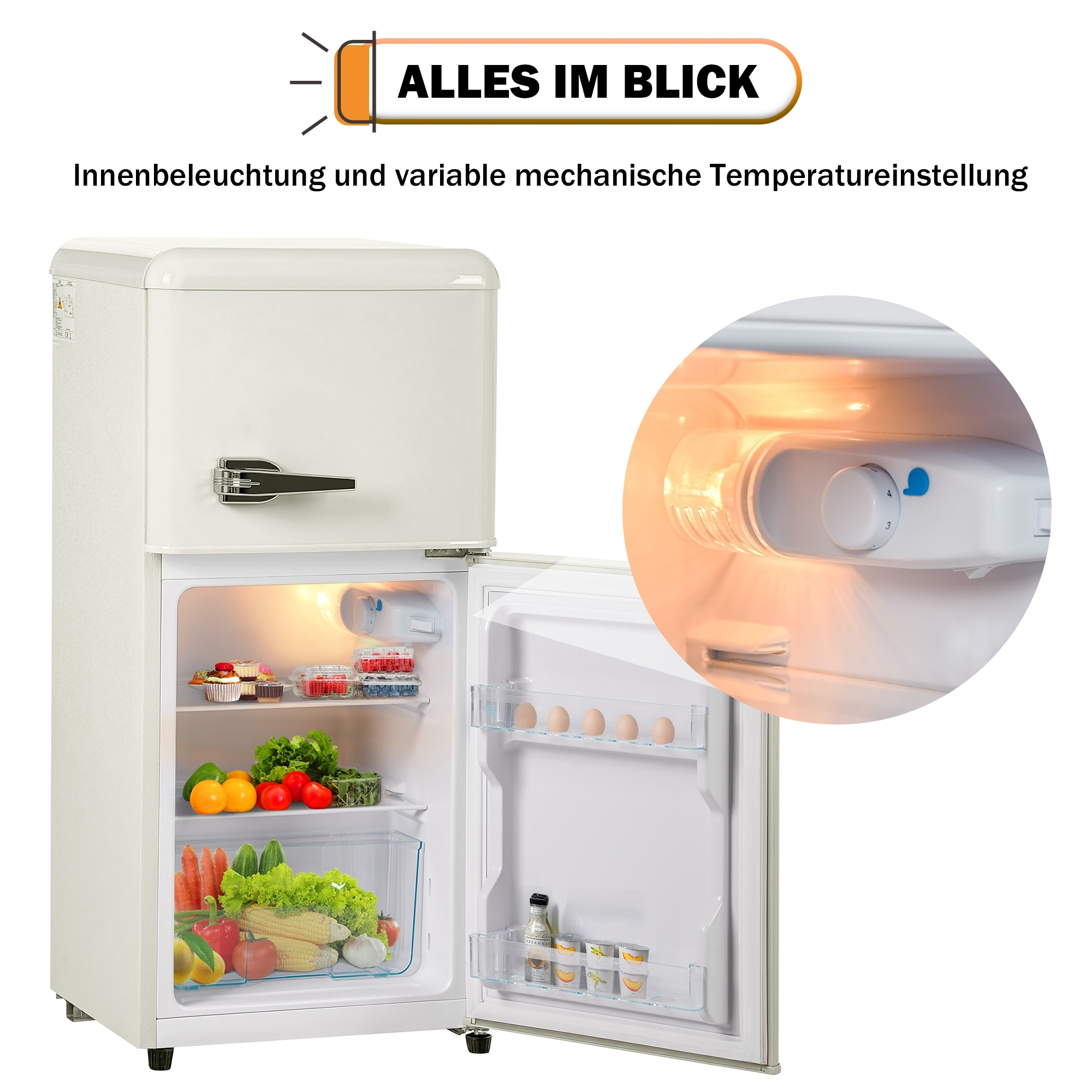 Weißer Retro-Kühlschrank mit offener Tür und Inhalt. Enthält Gemüse, Eier und eine Nahaufnahme der Regler.