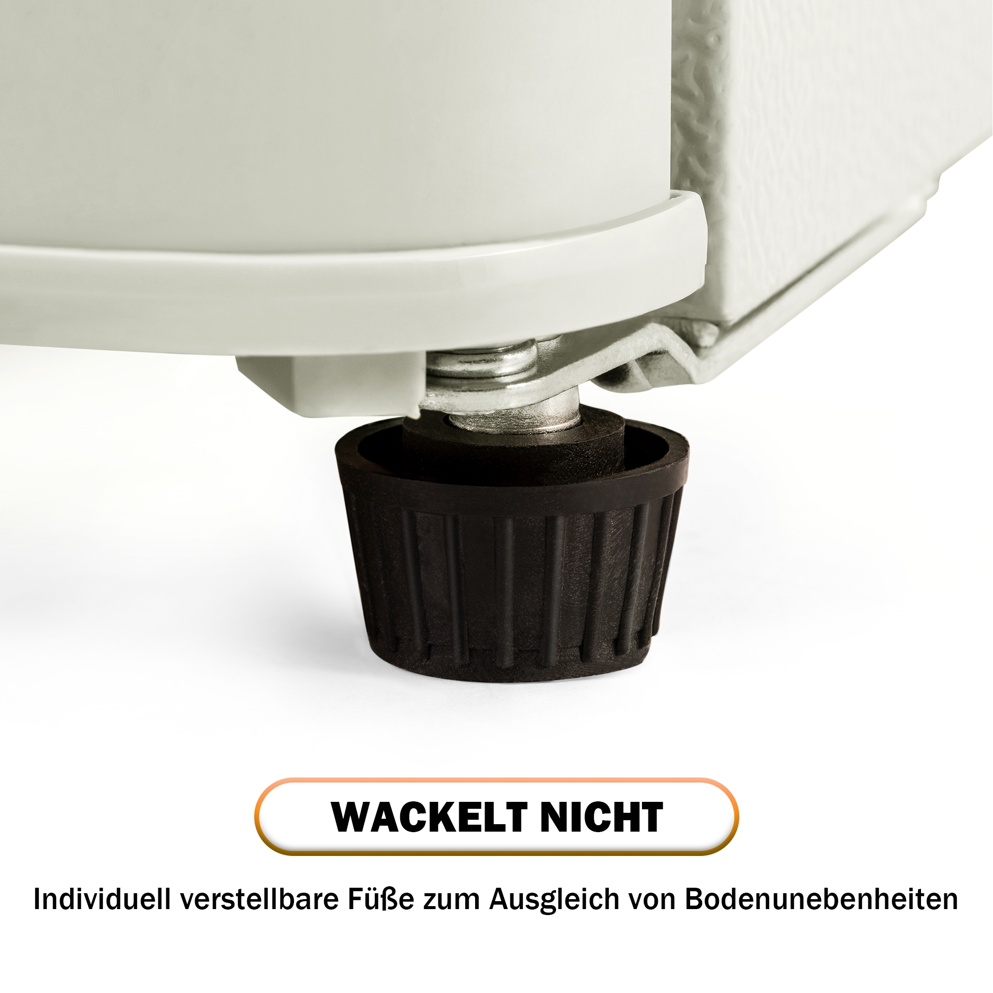 Nahaufnahme eines Schrankbeins mit schwarzem, verstellbaren Fuß. Text: