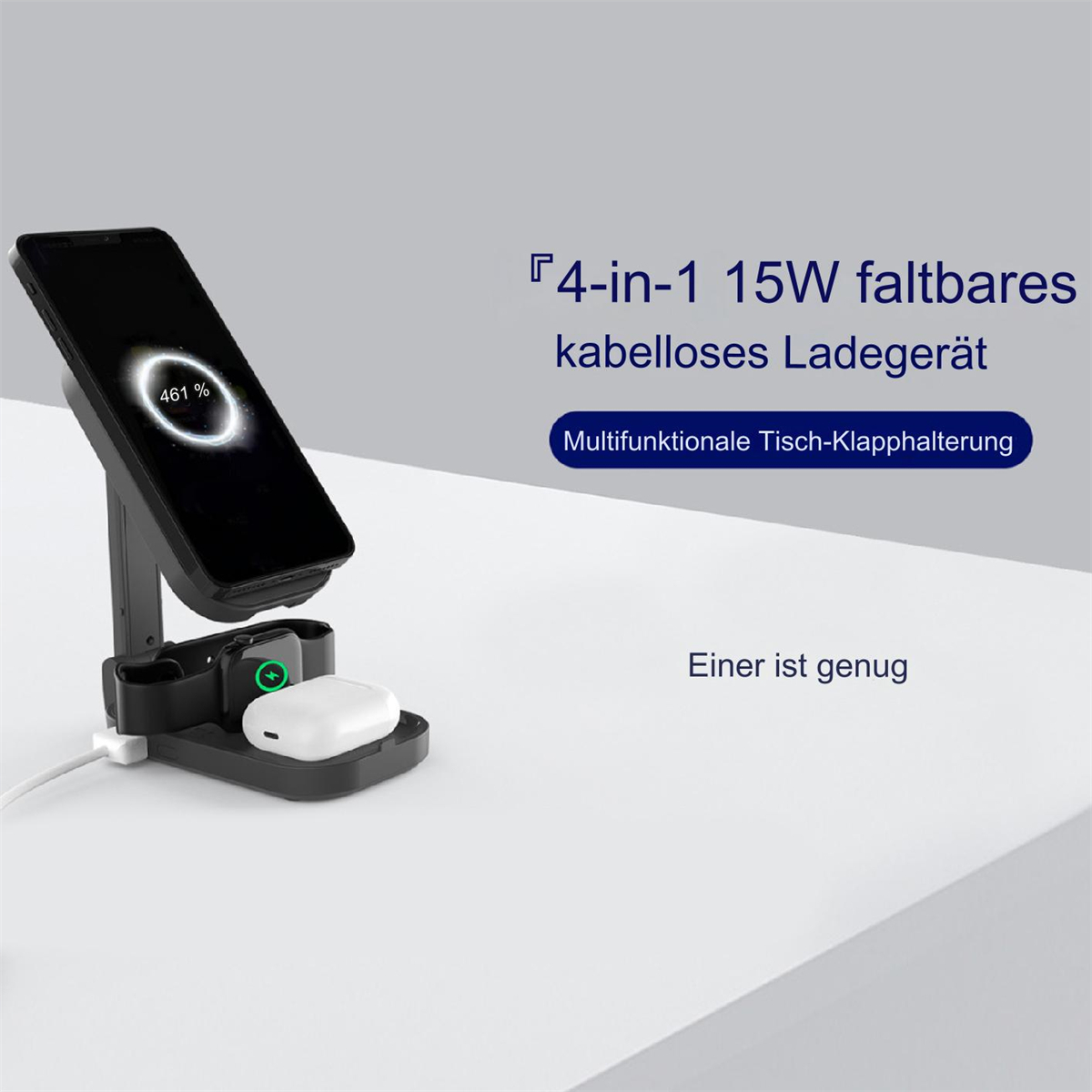 Ein Mobiltelefon, das auf einer kabellosen Ladestation geladen wird. Ein weißer Ohrhörer auf der Basis.