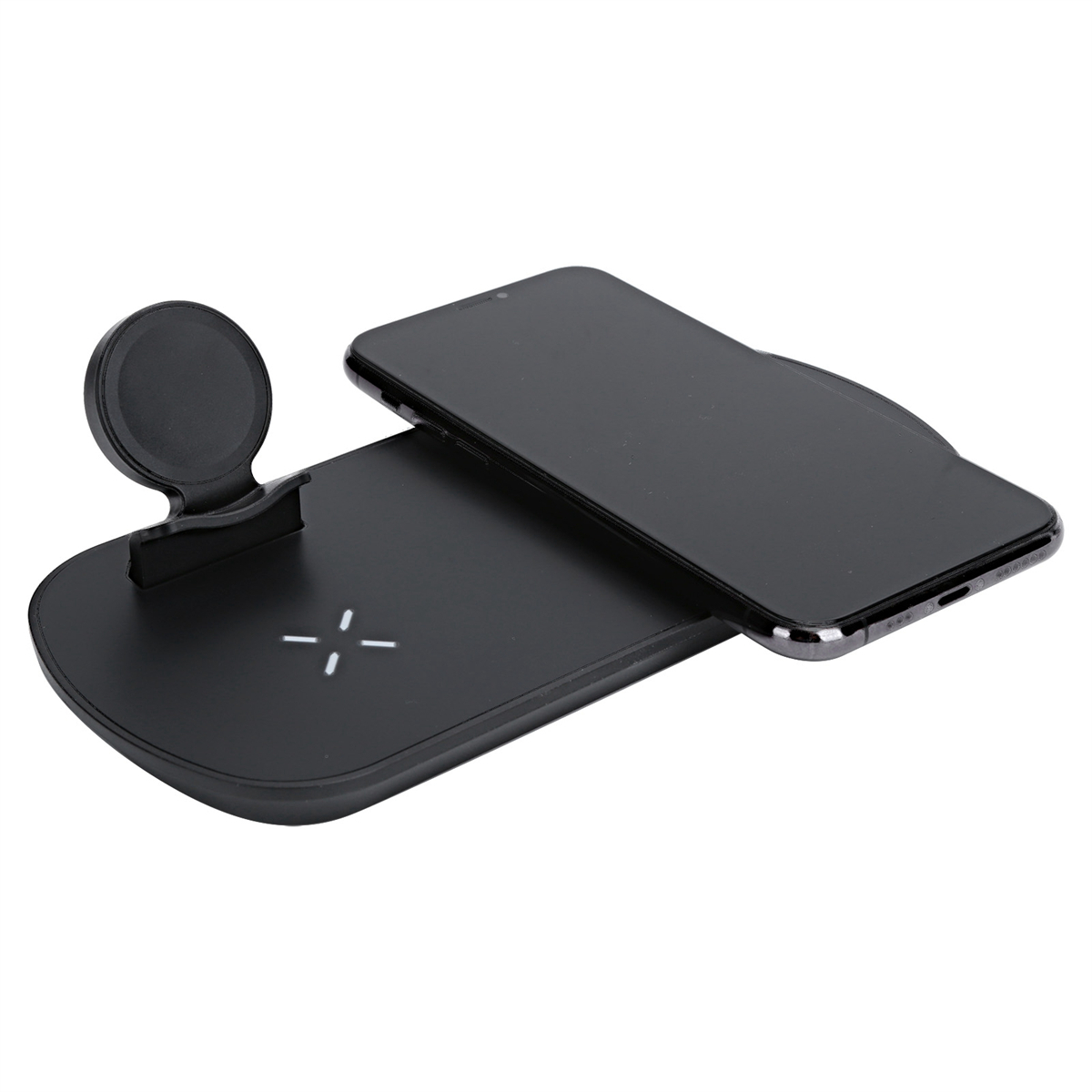Schwarze kabellose Ladestation mit einem Telefon und einer Apple Watch darauf.