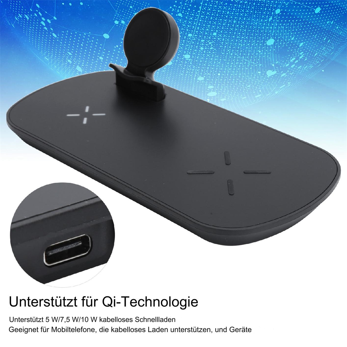 Schwarzes kabelloses Ladepad mit Ständer für eine Uhr. USB-Anschluss sichtbar. Weißer Hintergrund.