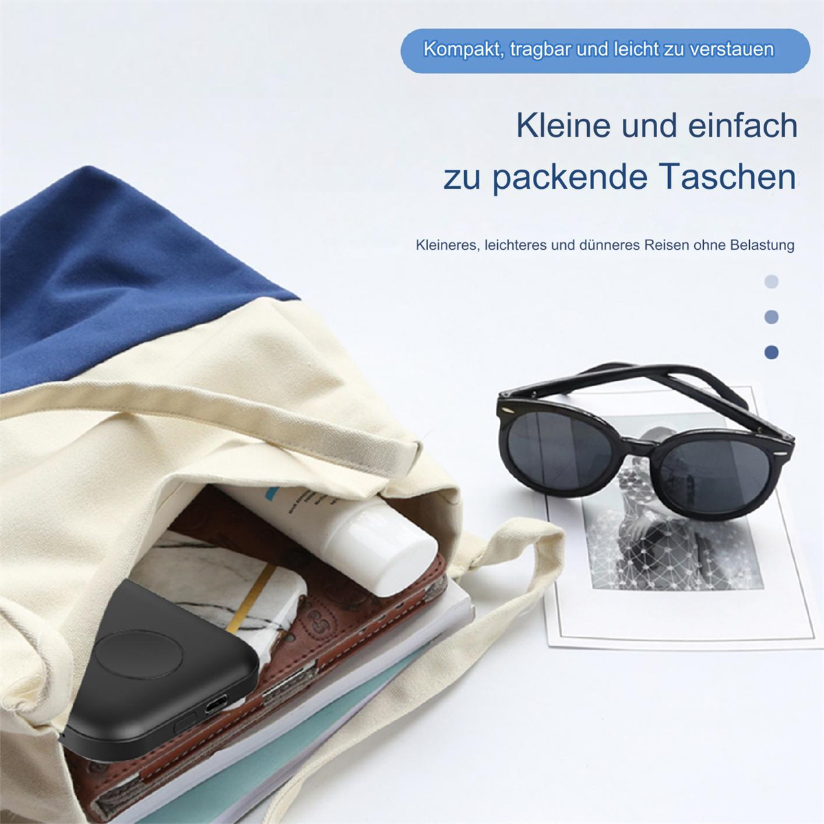 Eine Tragetasche mit Sonnenbrille, Telefon und anderen Gegenständen, mit Text über Portabilität und kleine Taschen.