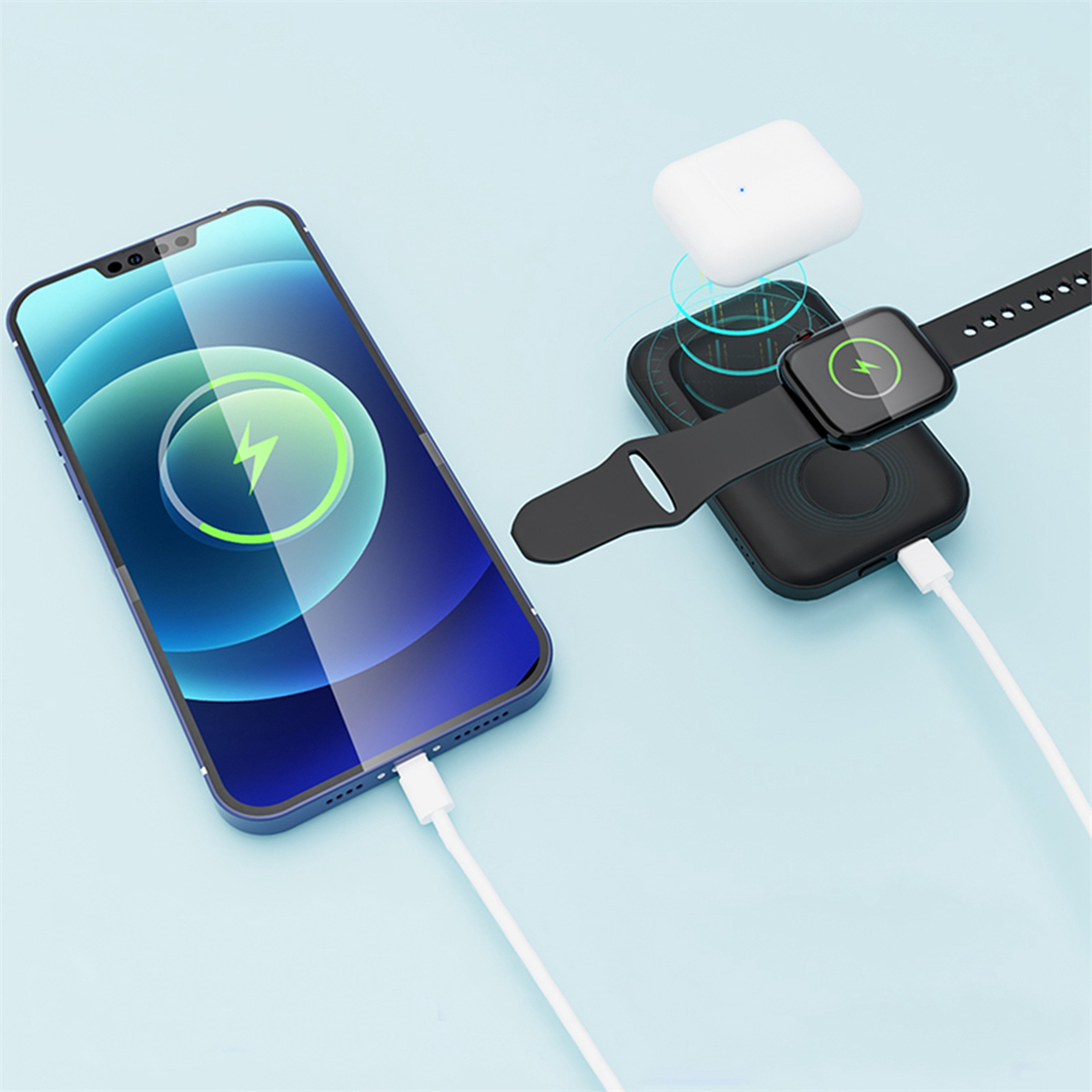 Ein Telefon, eine Smartwatch und ein Ladegerät. Telefon und Uhr werden geladen.