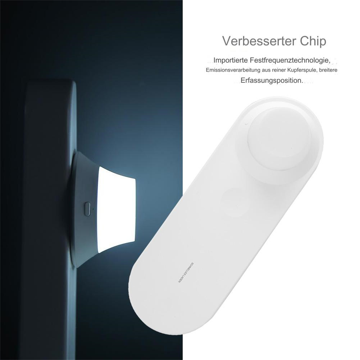Ein weißes Wandnachtlicht ist in eine Wand eingesteckt. Das Licht ist an.