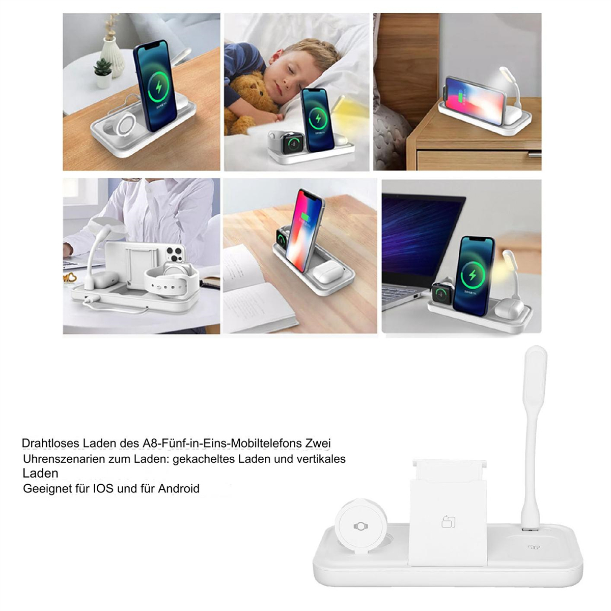 Mehrere Bilder einer Telefonladestation mit Telefon, Uhr und Kopfhörern.