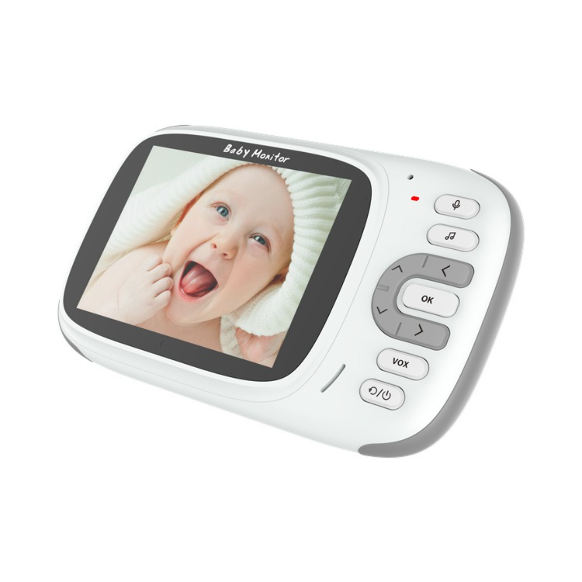 Babyphone mit lächelndem Baby. Es hat Steuertasten und einen Bildschirm.