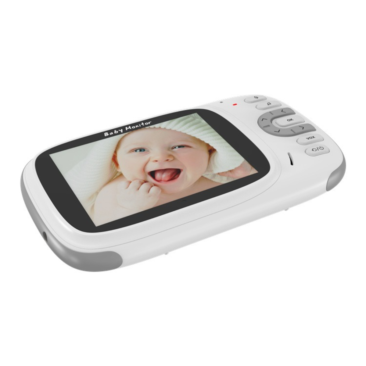 Babyphone mit Babygesicht auf dem Bildschirm. Weißes Gerät mit Knöpfen.