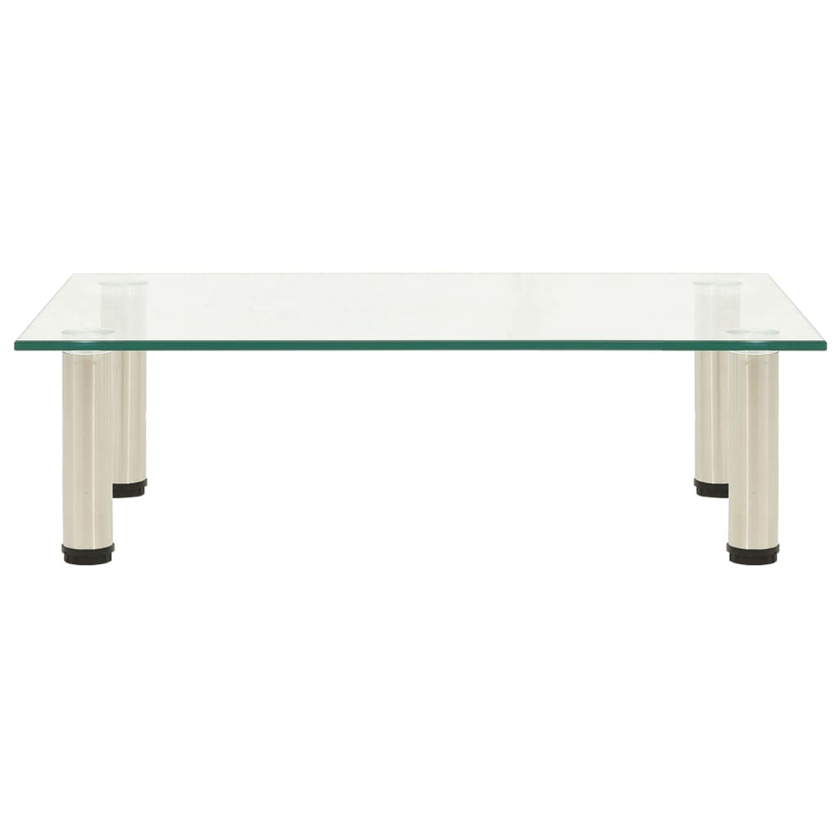 Una mesa de centro de vidrio con patas plateadas, de diseño rectangular y moderno.