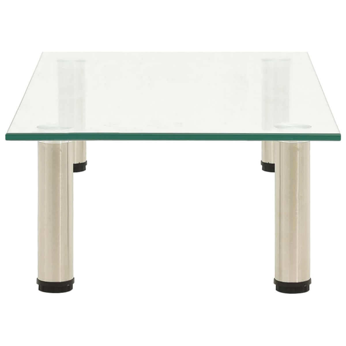 Mesa cuadrada de vidrio con cuatro patas plateadas y pies negros, fondo blanco.