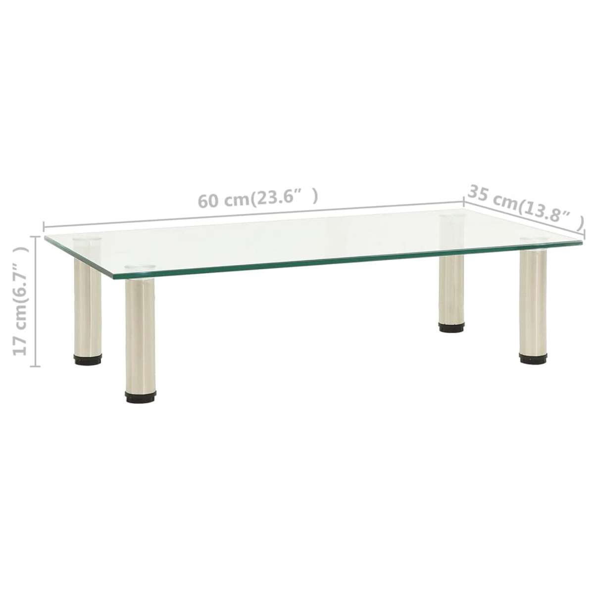 Una mesa de centro rectangular de cristal con patas plateadas. Las dimensiones están etiquetadas: 60 cm (23,6") por 35 cm (13,8") y 17 cm (6,7").