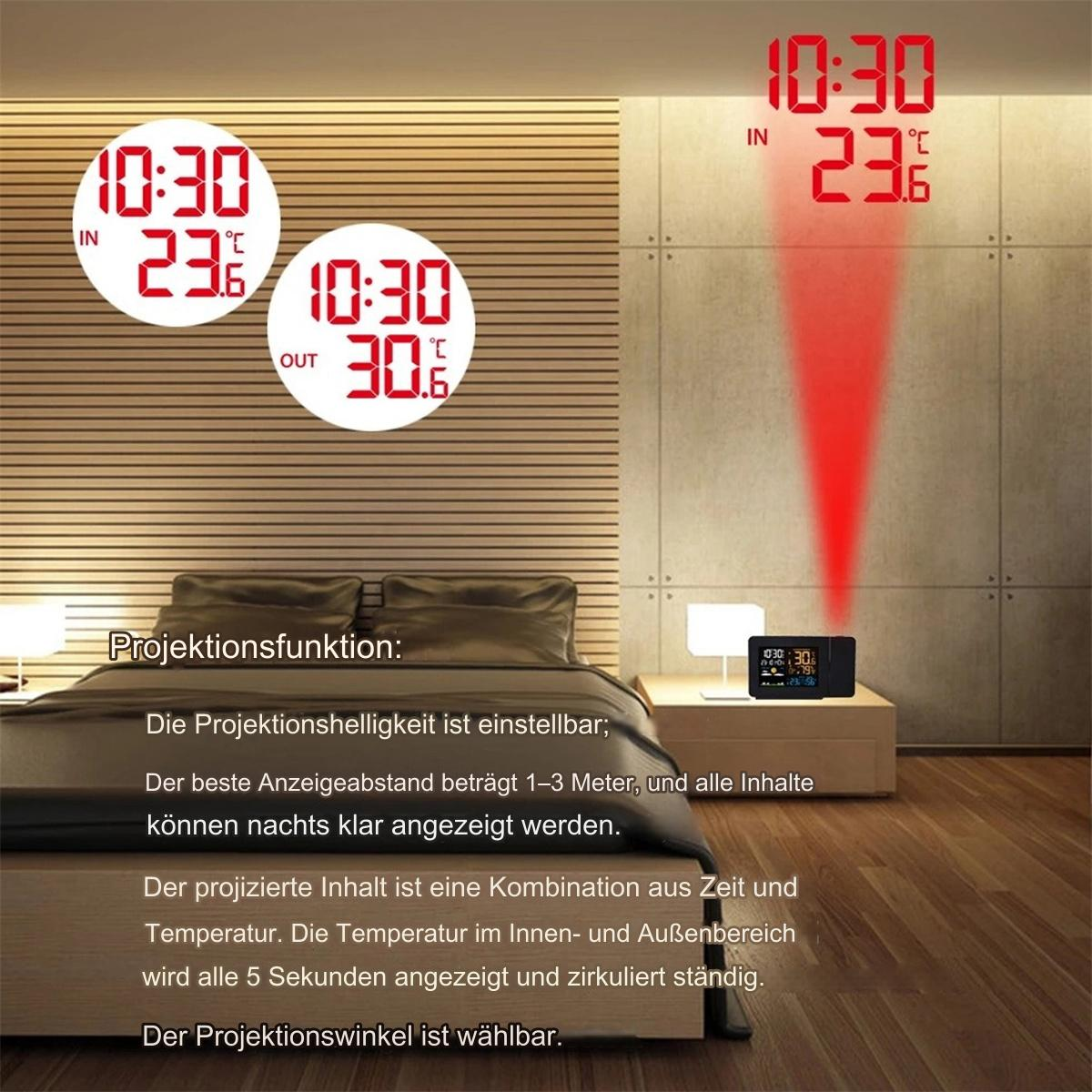 Nachttisch mit Wecker, der Zeit und Temperatur rot an die Wand projiziert.