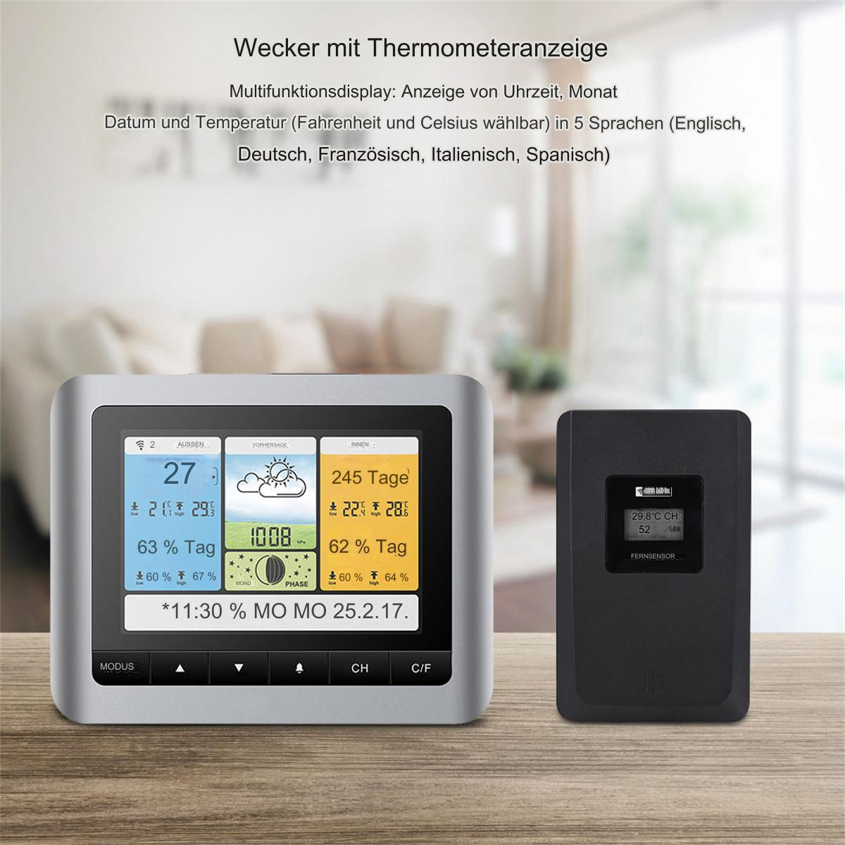 Digitaluhr mit Anzeige. Zeigt Uhrzeit, Datum, Temperatur und Wetterdaten. Ein schwarzer Sensor rechts.