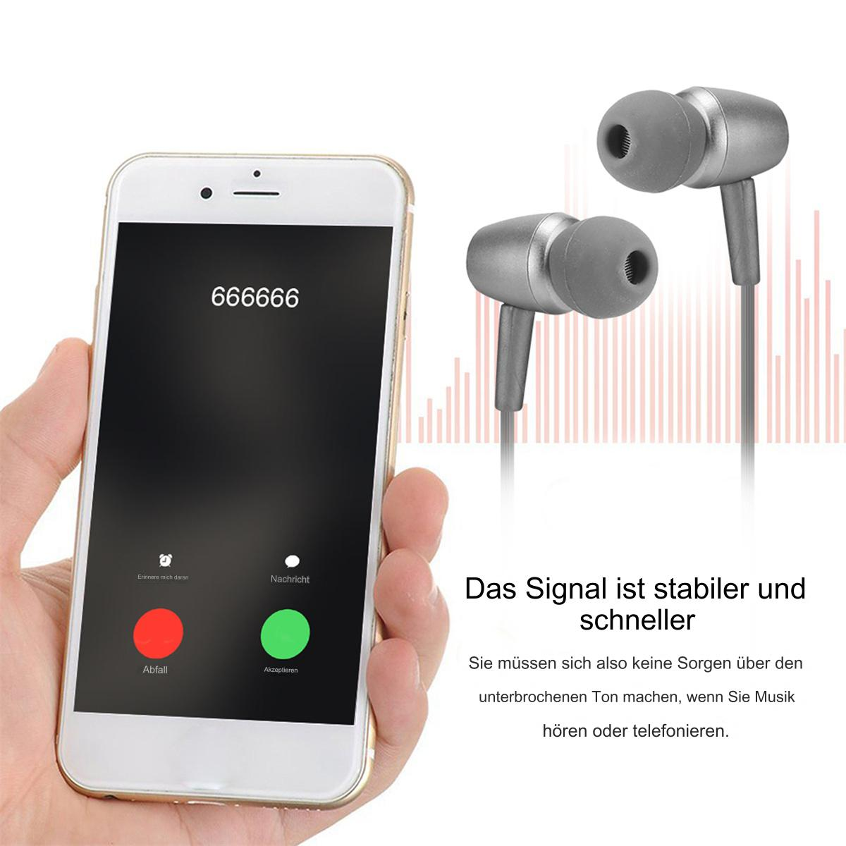 Smartphone mit eingehendem Anrufbildschirm und Ohrhörern. Deutscher Text über stabiles Signal.