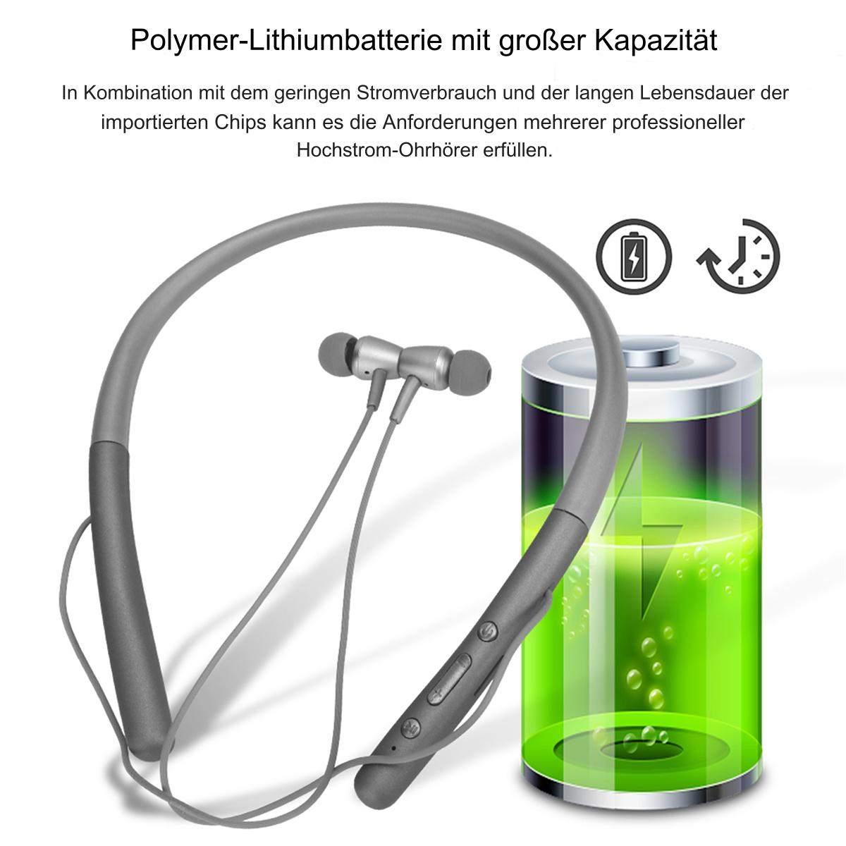 Graue kabellose Kopfhörer und ein Akkusymbol. Hintergrund: weiß.