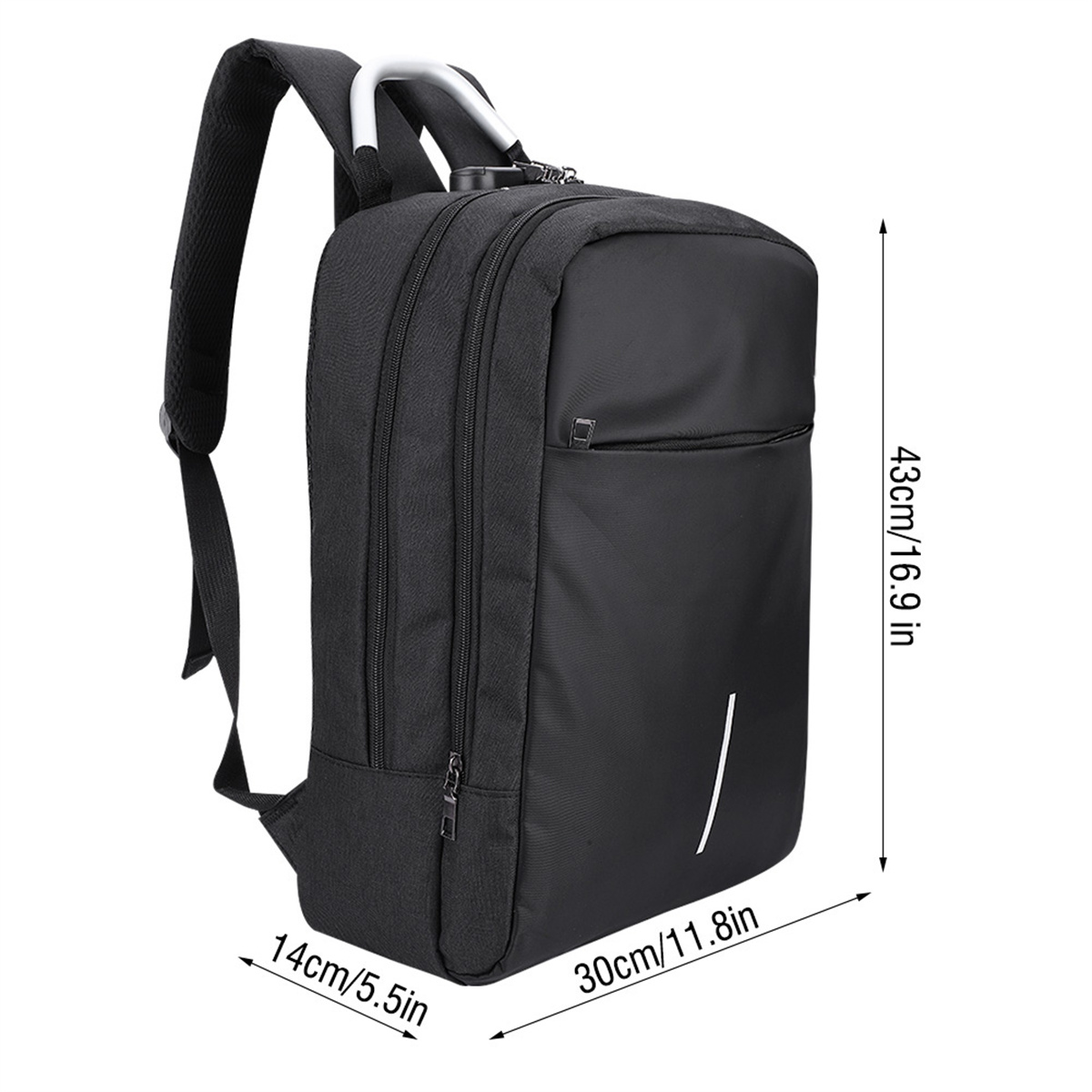 Schwarzer Rucksack mit weißem Griff, Abmessungen angegeben. Er hat eine Vordertasche und einen weißen Streifen.