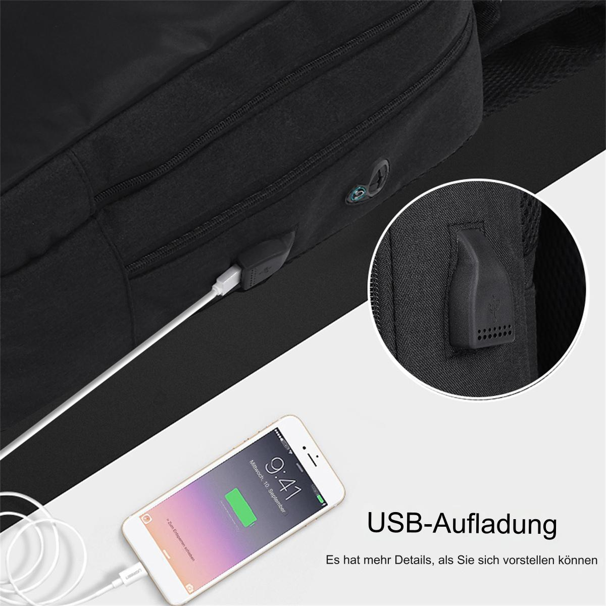 Schwarzer Rucksack mit weißem Ladekabel am Telefon; USB-Ladeanschluss-Detail.