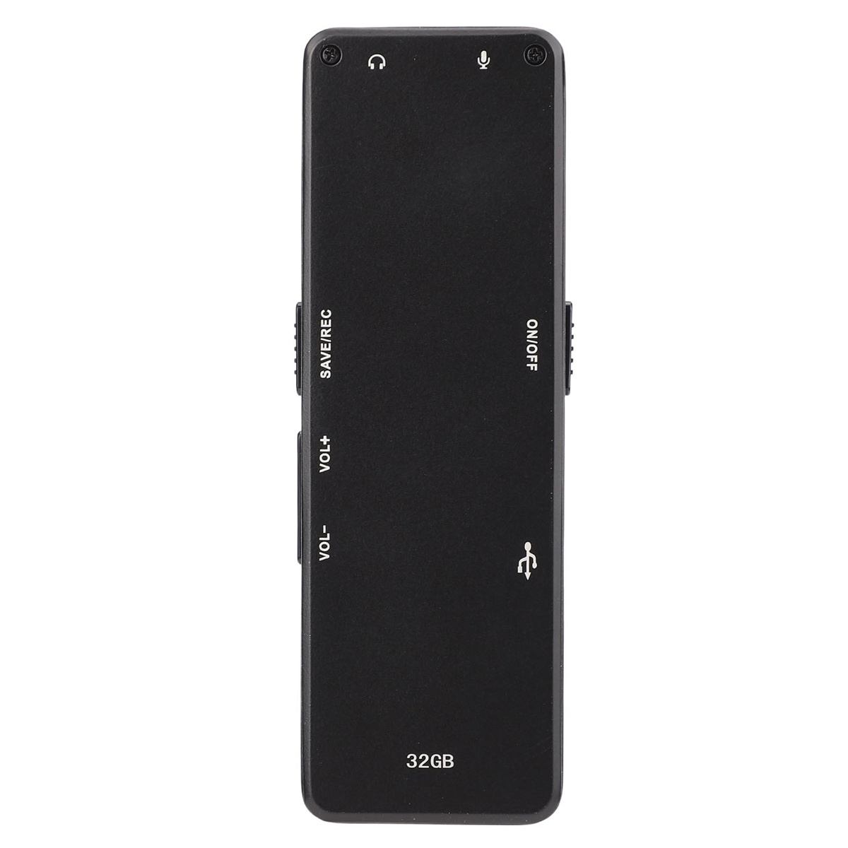 Schwarzes Aufnahmegerät mit Tasten für Speichern/Aufnehmen, Lautstärke+, Lautstärke-, Ein/Aus und USB-Anschluss. Es hat 32 GB.