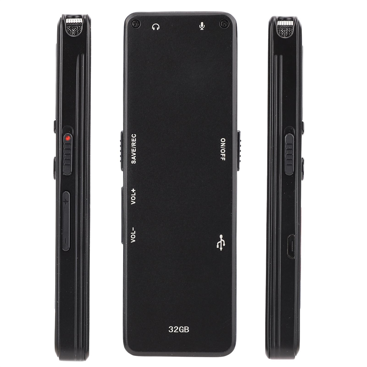 Schwarzes digitales Diktiergerät mit Knöpfen und einem 32GB-Etikett.