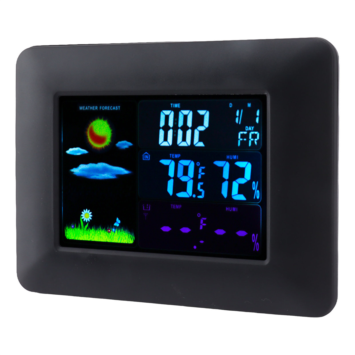 Schwarze Wetterstation mit digitaler Anzeige, die Wettervorhersage, Zeit und Temperatur anzeigt.