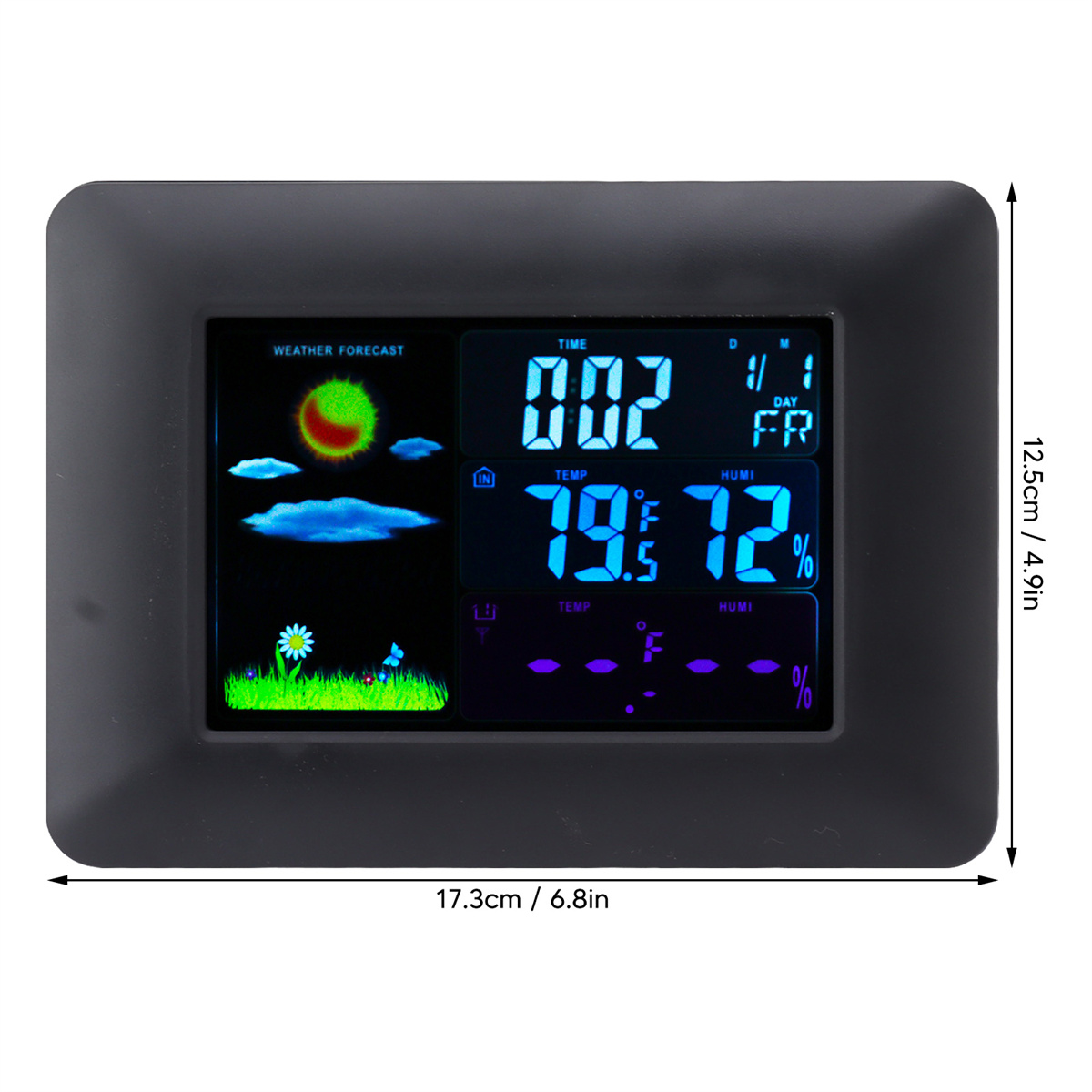 Digitale Wetterstation, schwarzer Rahmen, Anzeige von Zeit, Temperatur und Luftfeuchtigkeit, Diagramme.